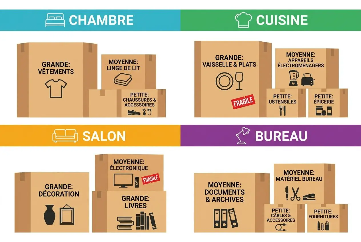 Cartons d’objets classés par pièces et catégories (Chambre, Cuisine, Salon, Bureau) pour organiser son déménagement, avec Étagage des articles par tailles et types.
