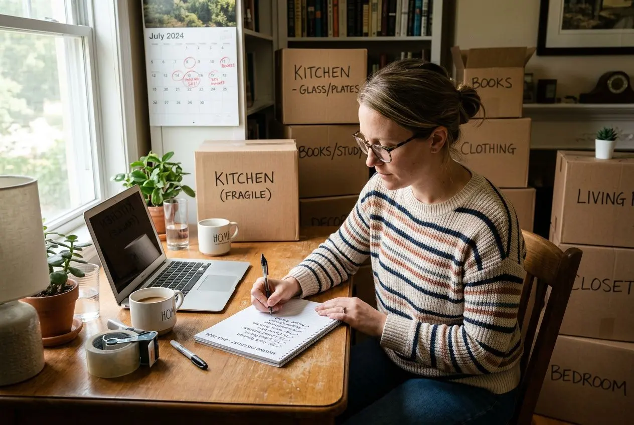 Personne travaillant à domicile sur son déménagement: elle écrit sur un plan, entourée de cartons étiquetés “Kitchen”, “Books/Study” et “Living Room” près d’un ordinateur portable et d’un calendrier. Contexte: apprendre comment organiser son déménagement.