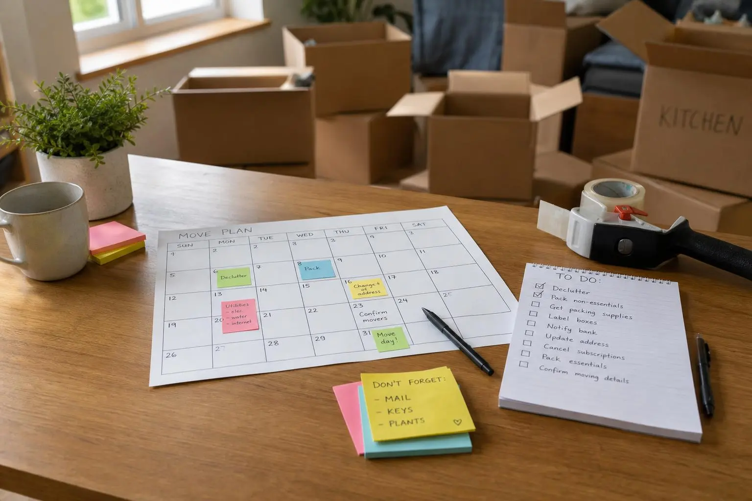 Planificateur mensuel et check-list, avec post-it colorés, sur une table entourée de cartons, check-list déménagement prête à l’emploi.