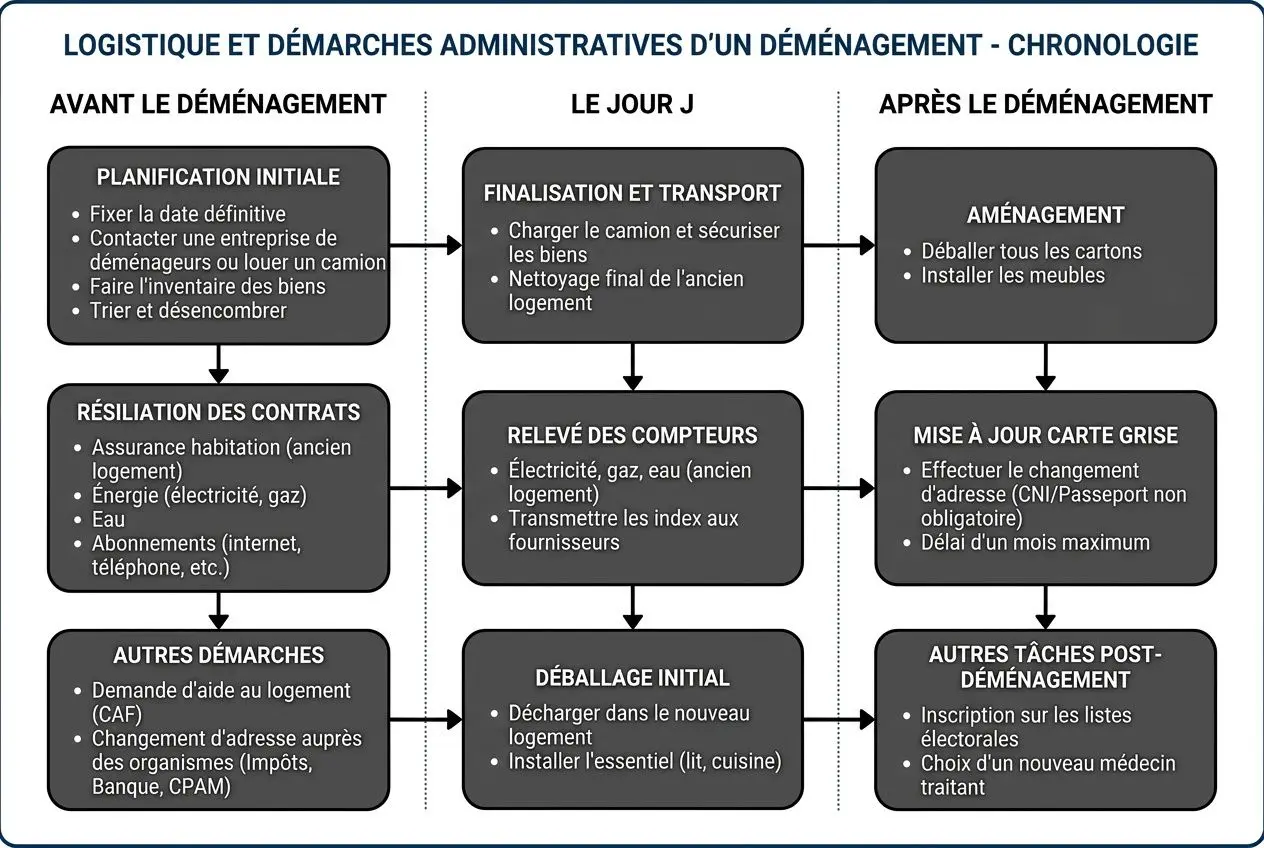 Checklist des démarches administratives déménagement: plan chronologique avec avant, jour J et après, incluant planification, contrats, et tâches post-déménagement. Démarches administratives déménagement intégrées.