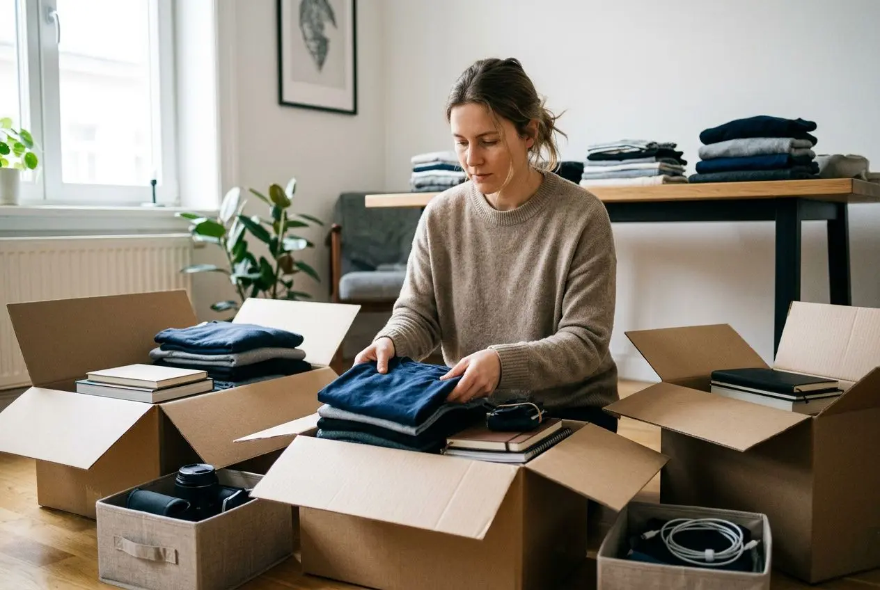 Femme organisant ses affaires devant des cartons et piles de vêtements, planifiant son déménagement. Comment préparer son déménagement.
