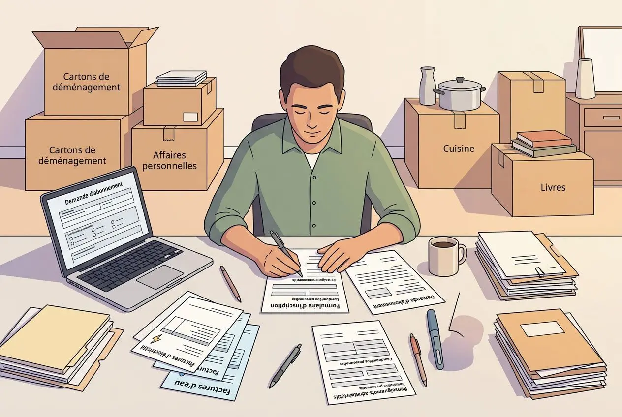 Personne assise à une table remplie de documents et de stylos, entourée de cartons étiquetés “Cartons de déménagement” et objets de cuisine, travaillant sur des formulaires.