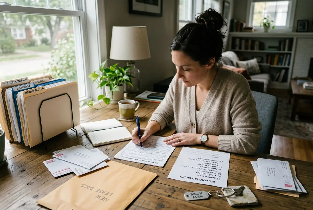Personne assise à une table remplissant des formulaires, entourée de documents et enveloppes, en train de gérer les démarches administratives déménagement.