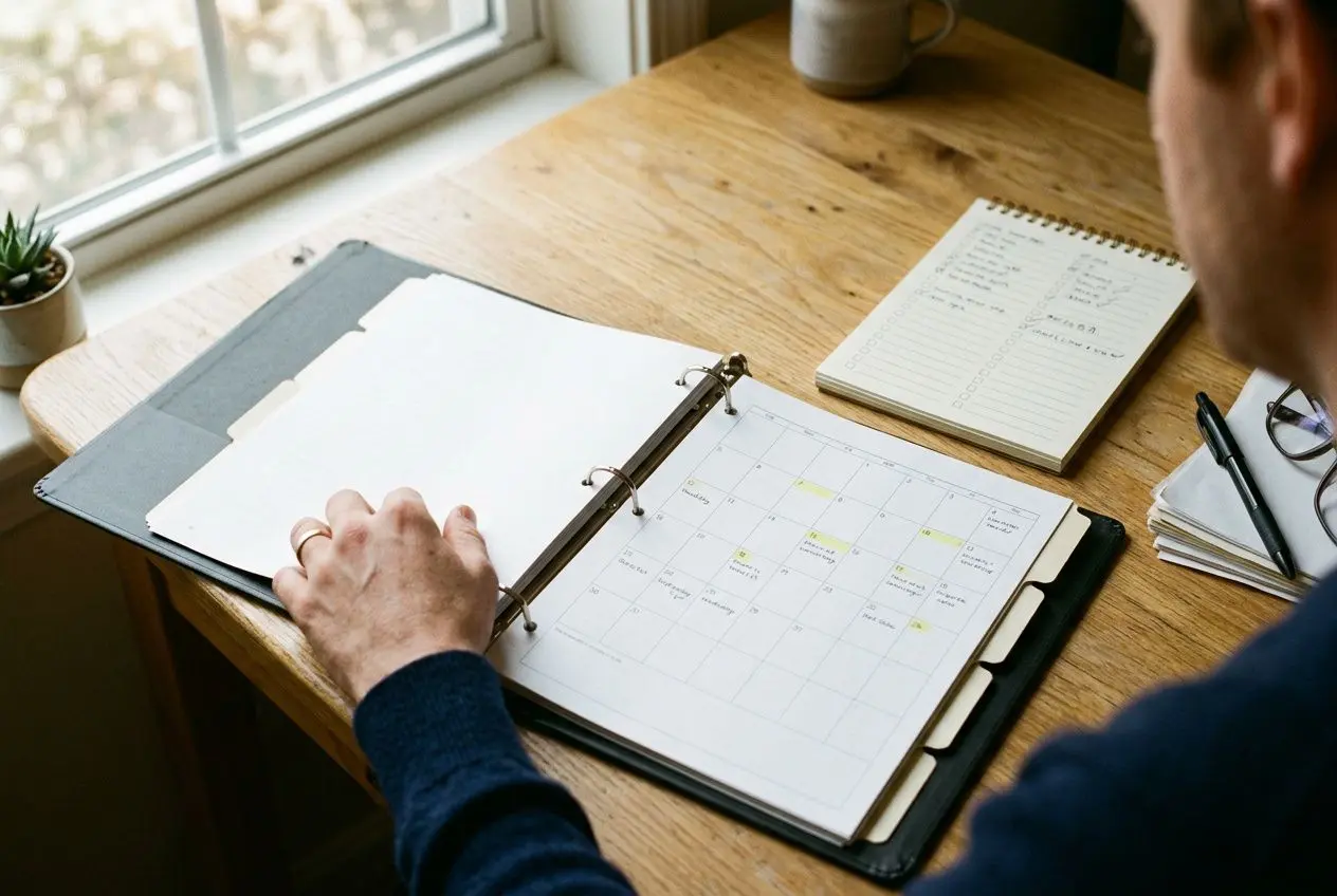 Planificateur écrivant dans un agenda à pages amovibles sur un bureau en bois, avec bloc-notes et outils, illustration de check-list déménagement à imprimer.