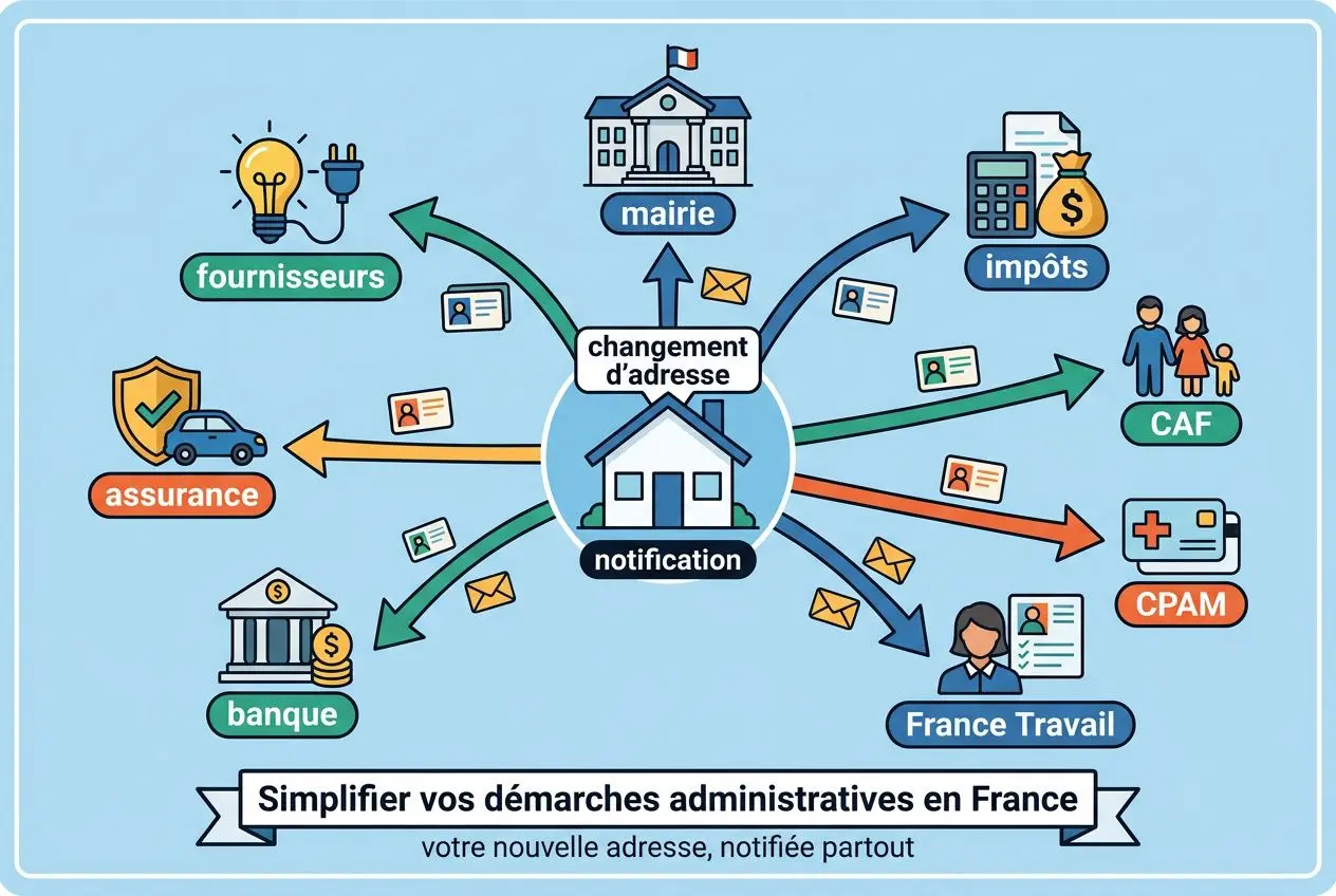 Schéma illustrant les démarches administratives liées au changement d’adresse: diverses institutions (mairie, impôts, CAF, Pôle emploi, France Travail, CPAM, banque, assurance) reliées par des flèches autour d’un domicile, avec le texte Simplifier vos démarches administratives en France. Démarches administratives déménagement intégrées.