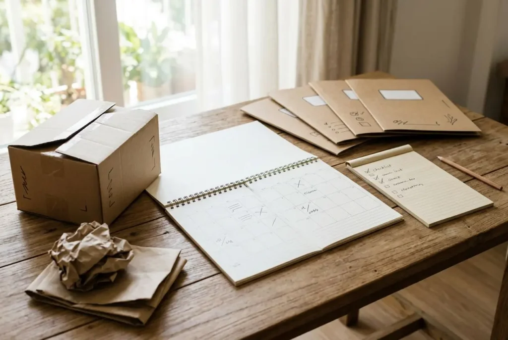 Table de travail avec cartons, enveloppes et carnet de planification pour « comment préparer son déménagement ».